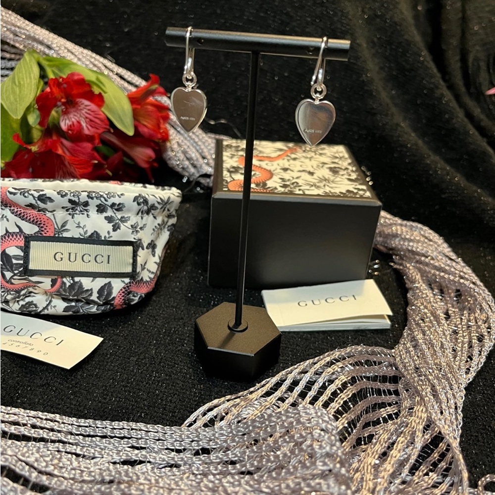 ***SOLD***Authentic Gucci Trademark Logo SS.925 Heart Charm Dangle Earrings New - Picture 7 of 11